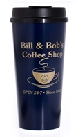 A 20 oz. Blue Travel Mug with Gold Writing - Bill & Bob's Coffee Shop Mug
