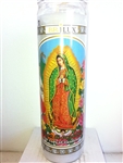 OUR LADY OF GUADALUPE (VIRGEN DE GUADALUPE) UNSCENTED WHITE PILLAR CANDLE IN GLASS