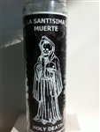 HOLY DEATH UNSCENTED BLACK PILLAR CANDLE IN GLASS (LA SANTISIMA MUERTE VELA)