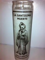 HOLY DEATH SEVEN DAY CANDLE WHITE IN GLASS ( LA SANTISIMA MUERTE CANDLE )