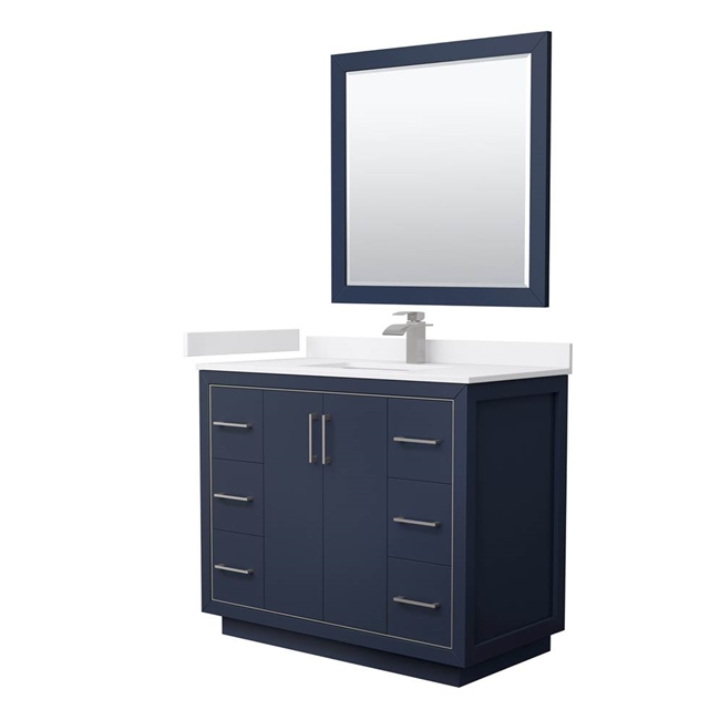 Icon 42" Single Bathroom Vanity in Dark Blue, White Cultured Marble Countertop, Undermount Square Sink, Brushed Nickel Trims, and No Mirror