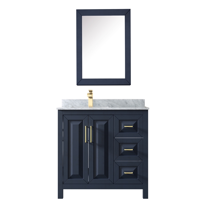 Daria 36" Single Bathroom Vanity in Dark Blue, White Carrara Marble Countertop, Undermount Square Sink, and 24" Mirror