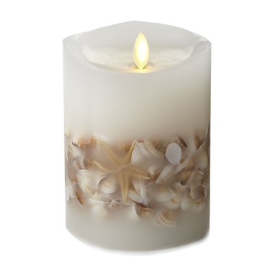 Luminara - Flameless LED Candle - Embedded Seashells - Indoor - Unscented White Wax - Remote Ready - 4" x 5"