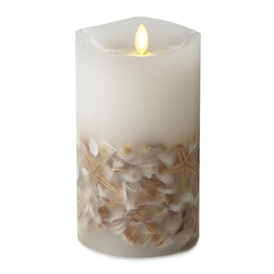Luminara - Flameless LED Candle - Embedded Seashells - Indoor - Unscented White Wax - Remote Ready - 4" x 7"