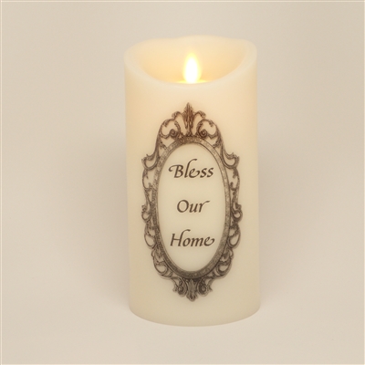 "Bless Our Home" - Torchier Moving Flame - Flameless LED Candle - Indoor - Ivory Wax - Remote Ready - 3" x 6"