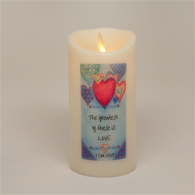 "The Greatest of These is Love" - Torchier Moving Flame - Flameless LED Candle - Indoor - Ivory Wax - Remote Ready - 3" x 6"