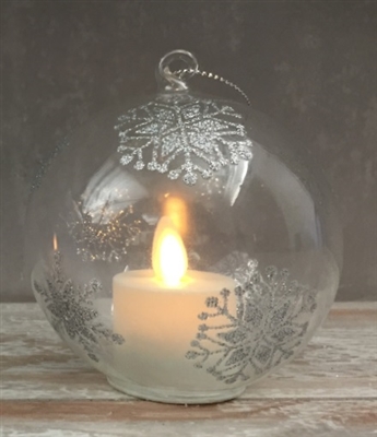 Mystique by Liown - Silver Snowflake Ornament With Moving Flame LED Tealight - 3.5-Inch Diameter Globe