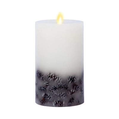 Luminara - Embedded Pinecones - Real Flame Effect Pillar Candle - 3.5-Inches x 6.5-Inches - Unscented White Wax - Indoor - Remote Ready