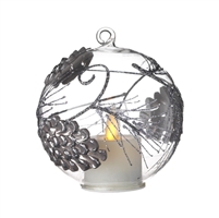 Liown - Pinecone Ornament With Non-Moving Flame LED Tealight - 3.5-Inch Diameter Glass Globe - Remote Ready