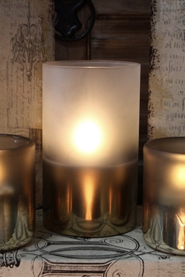 Radiance - Metallic Frosted Glass Pillar Candle - Poured Wax - Realistic LED Flame Effect - Indoor - Unscented Wax - Remote Ready - 3.5" x 5"