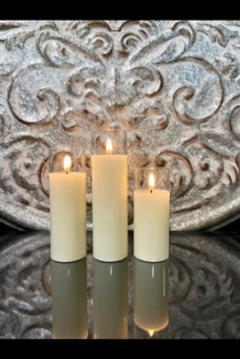Radiance - The Simply Ivory Petit Trio - Set of 3 - Realistic Flame Effect - Poured Wax - Clear Glass Pillar Candles - Indoor - Unscented Wax - Remote Ready