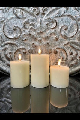 Radiance - The Simply Ivory Classic Trio - Set of 3 - Realistic Flame Effect - Poured Wax - Clear Glass Pillar Candles - Indoor - Unscented Wax - Remote Ready