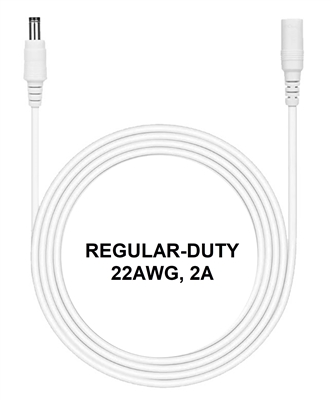 6.5-ft Power Extension Cable (White) - REGULAR-DUTY - 22AWG - 2A - 5.5mm x 2.1mm Barrel Connectors - Works with Battery Eliminator Kits