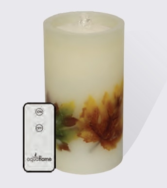 AquaFlame - Flameless LED Candle Fountain - Embedded Fall Leaves - Ivory Wax - 4.2" x 7.8" - Remote Control