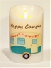 "Happy Camper" (Aqua Blue) Moving Flame LED Candle - White Wax - Indoor - 3.5" x 5" - Blow "OFF" / Blow "ON" - Remote Enabled