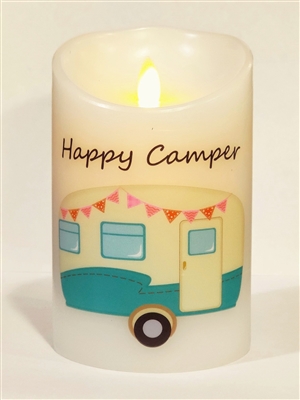 "Happy Camper" (Aqua Blue) Moving Flame LED Candle - White Wax - Indoor - 3.5" x 5" - Blow "OFF" / Blow "ON" - Remote Enabled