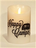 "Happy Camper" (Black & White) Moving Flame LED Candle - White Wax - Indoor - 3.5" x 5" - Blow "OFF" / Blow "ON" - Remote Enabled