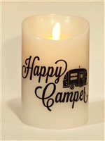 "Happy Camper" (Black & White) Moving Flame LED Candle - White Wax - Indoor - 3.5" x 5" - Blow "OFF" / Blow "ON" - Remote Enabled