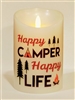 "Happy Camper Happy Life" Moving Flame LED Candle - White Wax - Indoor - 3.5" x 5" - Blow "OFF" / Blow "ON" - Remote Enabled