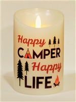 "Happy Camper Happy Life" Moving Flame LED Candle - White Wax - Indoor - 3.5" x 5" - Blow "OFF" / Blow "ON" - Remote Enabled