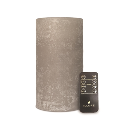 iLLure Artisan Collection - Flameless LED Pillar Candle - 3D Flame w/ Inner Glow - Indoor - Unscented Flint Grey Distressed-Texture Wax - Remote Included - 4" x 8"