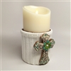 Flameless Candle Cuff - White Sweater Fabric - Cross w/ Flower - For 3.5-Inch x 7-Inch Flameless Candles