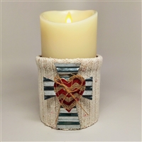 Flameless Candle Cuff - White Sweater Fabric - Cross With Heart - For 3.5-Inch x 7-Inch Flameless Candles