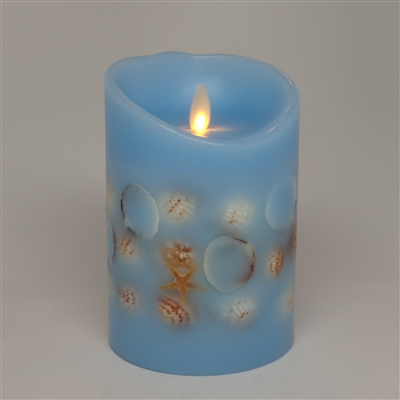 Dancing Moving Flame - Flameless LED Candle - Embedded Seashells - Indoor - Wax - Sky Blue - Free Remote - 3.5" x 5"