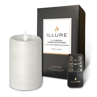 iLLure - Flameless LED Pillar Candle - 3D Flame w/ Inner Glow - Indoor - Unscented White Wax - Remote Included - 3" x 4"