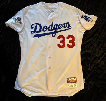 Scott Van Slyke's  2015 Los Angeles Dodgers Game-Worn / Used Home Jersey #33 with the Postseason Patch and MLB Authentication Hologram.