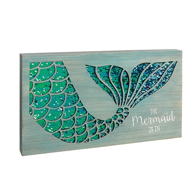 "The Mermaid Is In" Wooden and Sequin Wall Plaque