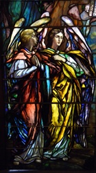 Two Angels Facing Right, Antique Stained Glass Window By J&R Lamb Studios.