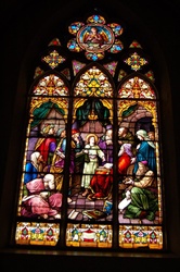 Antique early American Stained Glass Window, Jesus in the Temple
