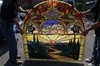 SOLD - Tiffany Studios, New York,  Style 60" Landscape stained glass window