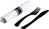 Glimmerware EMI-EFKNB Zappy 100 Pre Rolled Black Silverware Plastic Knife and Fork in Linen Like Napkin w/Paper Napkin Rings