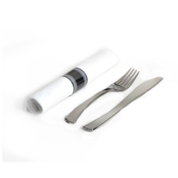 Glimmerware EMI-GWFKN Silver Plastic Rolled Cutlery Kit - Fork And Knife Napkin 100 Sets