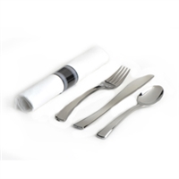 Glimmerware Emi-GWFKSN Silver Plastic Rolled Cutlery Kit - (Fork Knife Spoon Napkin) 100 Sets