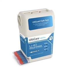 UltiCare VetRx Insulin Syringe U-40, 1/2 cc, 29 ga x 1/2", UltiGuard Dispenser, Sharps Container, 100 Syringes