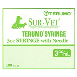 Terumo Sur-Vet Syringe 3 cc, 22G x 1", Thin Wall Needle, Luer Lock, 100/Box