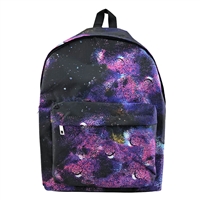 PURPLE GALAZY COSMO PRINT ADULTS, TEENAGE AND OLDER CHILD BACKPACK. MAIN COMPARTMENT, FRONT POCKET WITH TWIN ZIP CLOSURE, PADDED BACK AND ADJUSTABLE STRAPS