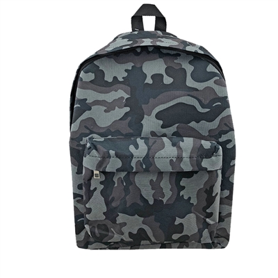 GREY CAMOUFLAGE PRINT ADULTS, TEENAGE AND OLDER CHILD BACKPACK. MAIN COMPARTMENT, FRONT POCKET WITH TWIN ZIP CLOSURE, PADDED BACK AND ADJUSTABLE STRAPS