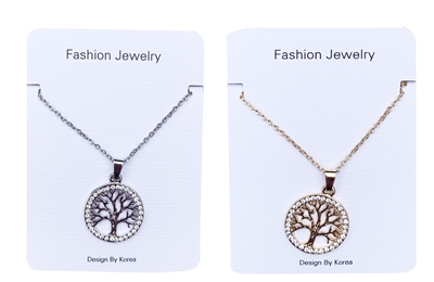 Gold or silver tree of life necklace on a white display card. Diamante outer rim Fat Giraffe Wholesale Birmingham