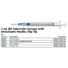 BD Tuberculin Syringe, 1mL, Detach Needle, Slip Tip, 25 G x 5/8", 100/box, 8 box/case. MFID: 309626