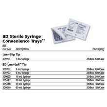 BD Syringe, 3mL w/ luer slip tip, Sterile Convenience Tray Pak, 25 tray/box, 12 box/case. MFID: 309702