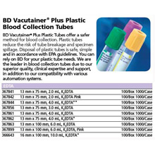 BD VACUTAINER Plus Plastic Whole Blood Tube, 13x100mm, 6.0mL, Lavender, 100/box, 10 box/case. MFID: 367863