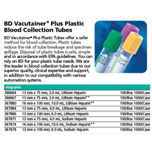 BD VACUTAINER Plus Plastic Plasma Tube, 13x75mm, 4.0mL, Green, 100/box. MFID: 367871