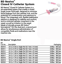 BD Nexiva Single Port IV Catheter, 20G x 1", HF Single Port, Infusion, 20/pack, 4 pack/case. MFID: 383516