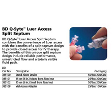 BD Q-Syte Luer Access Split Septum Stand Alone Device, 50/box, 4 box/case. MFID: 385100