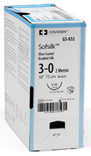 Covidien SOFSILK Silk Suture, Tapercutting, Size 1, White, 2x30", Needle KV-34, &#189; Circle. MFID: VS766G