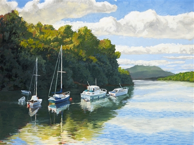 "Loch Lomand Anchorage", Original landscape oil painting by Patrick Harper (1939-2020)